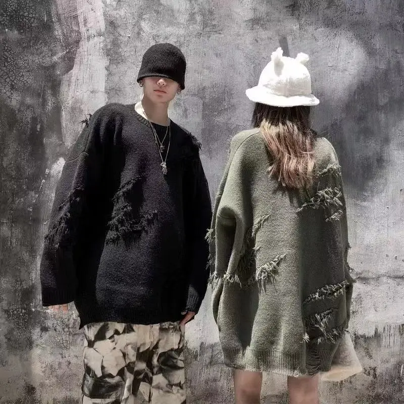 

High Street Cut Fringe Round Neck Sweater Men's and Women's European and American Lazy Style Loose Knit 2022 New