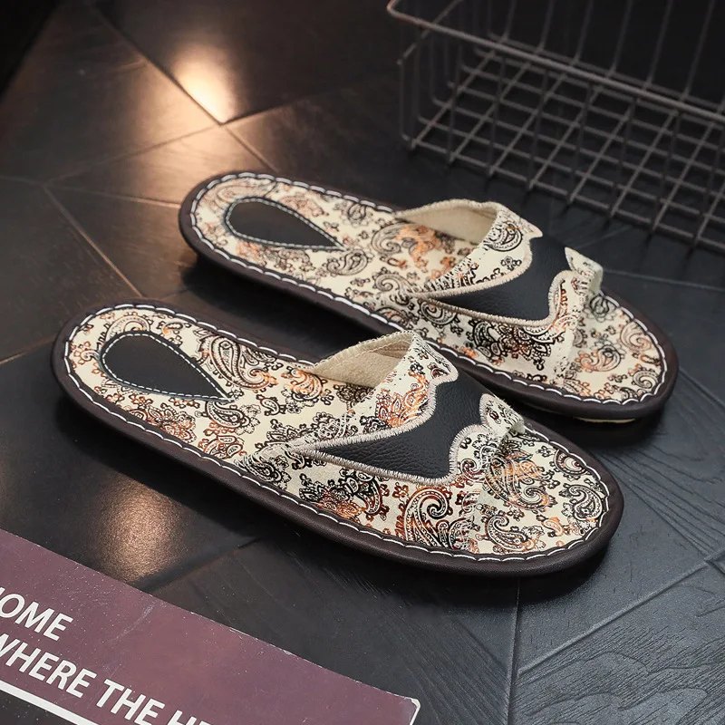 Genuine Leather Women Slippers Fashion Embroidery Home Floor Slides Men Spring Summer Soft Sole Outdoor Sandals Couple Shoes