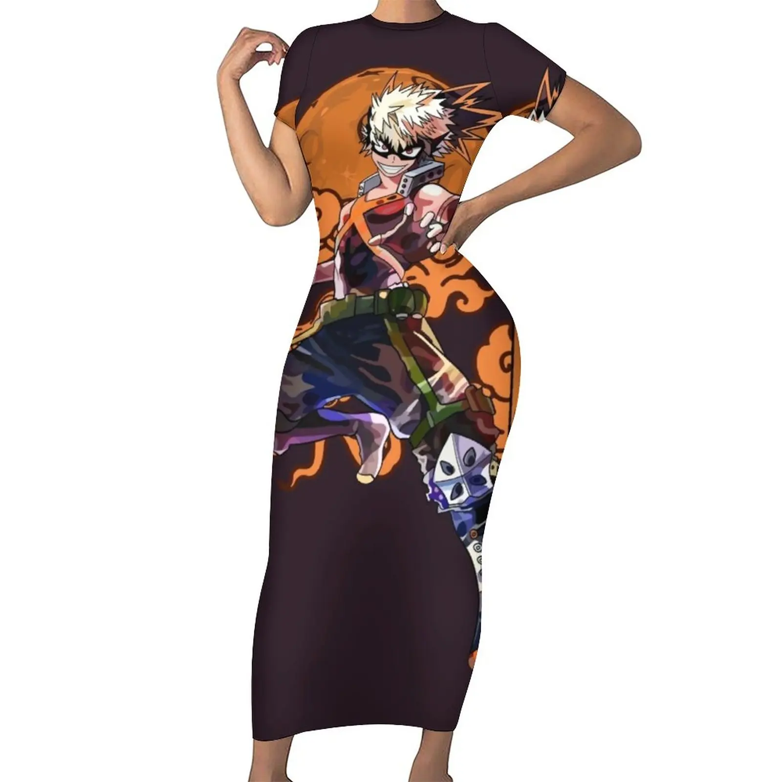 

My Hero Academia Dress Short Sleeve Dynamight Print Street Wear Maxi Dresses Elegant Bodycon Dress Lady Design Oversize Vestidos