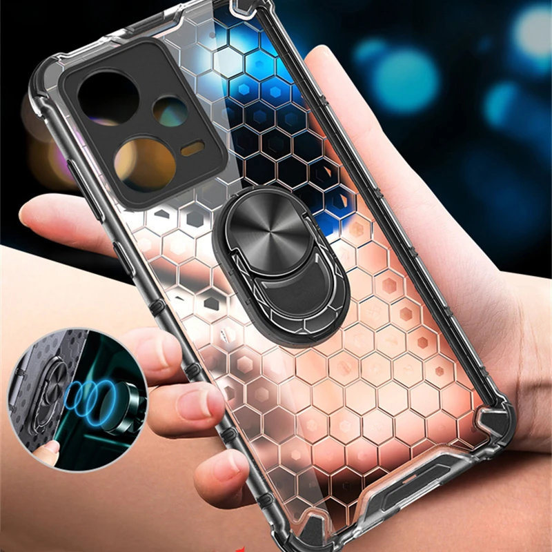 

Honeycomb Clear Cover For POCO X5 Pro F4 GT X4 Xiaomi 13 Pro Case Hard Plastic Shockproof Ring Holder Funda