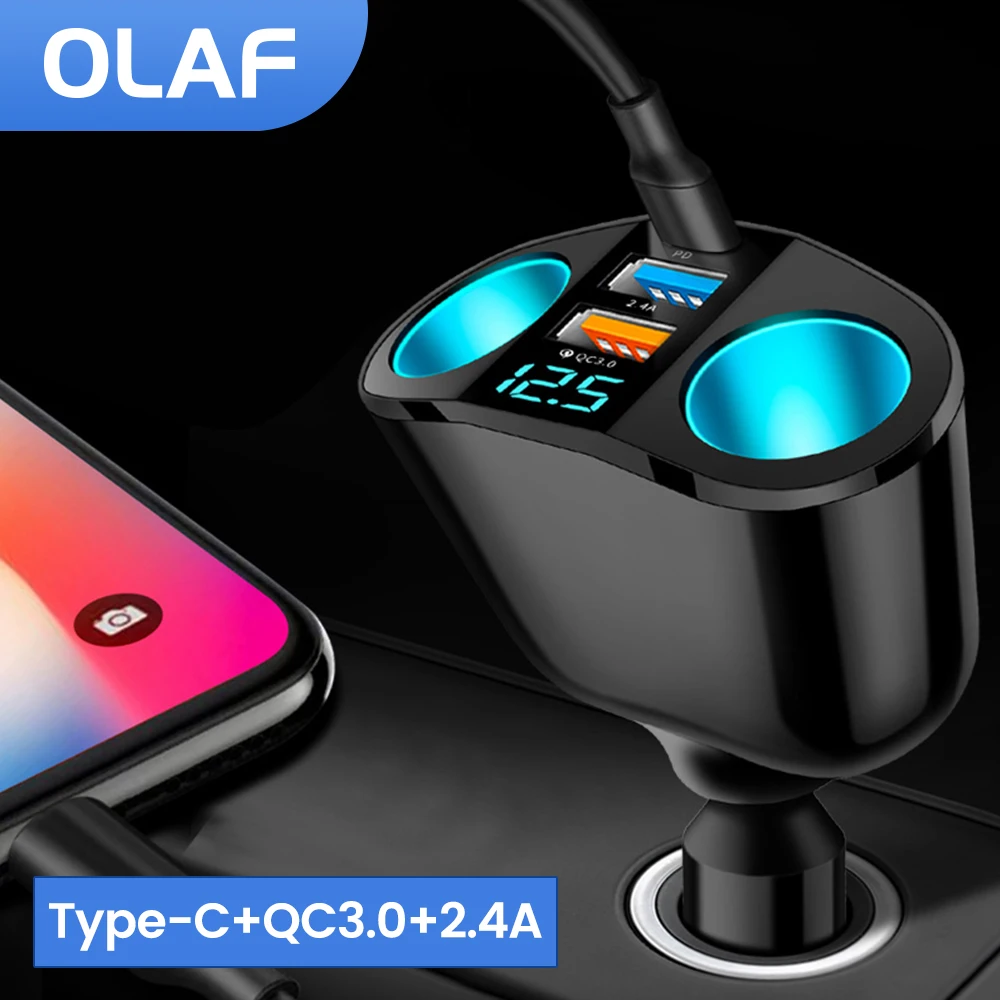 

OLAF 66W USB Type C Car Charger QC3.0 Fast Charging for iPhone Dual Car Cigar Lighter Socket LED Digital Display USB C Chargers