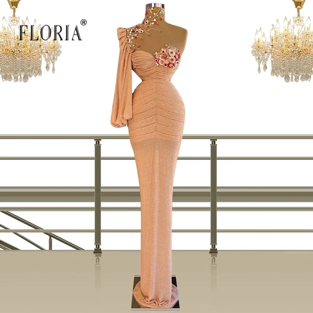 

Женское длинное вечернее платье с юбкой-годе, розовое плиссированное платье с одним открытым плечом, высоким воротом и цветами, платье для в...