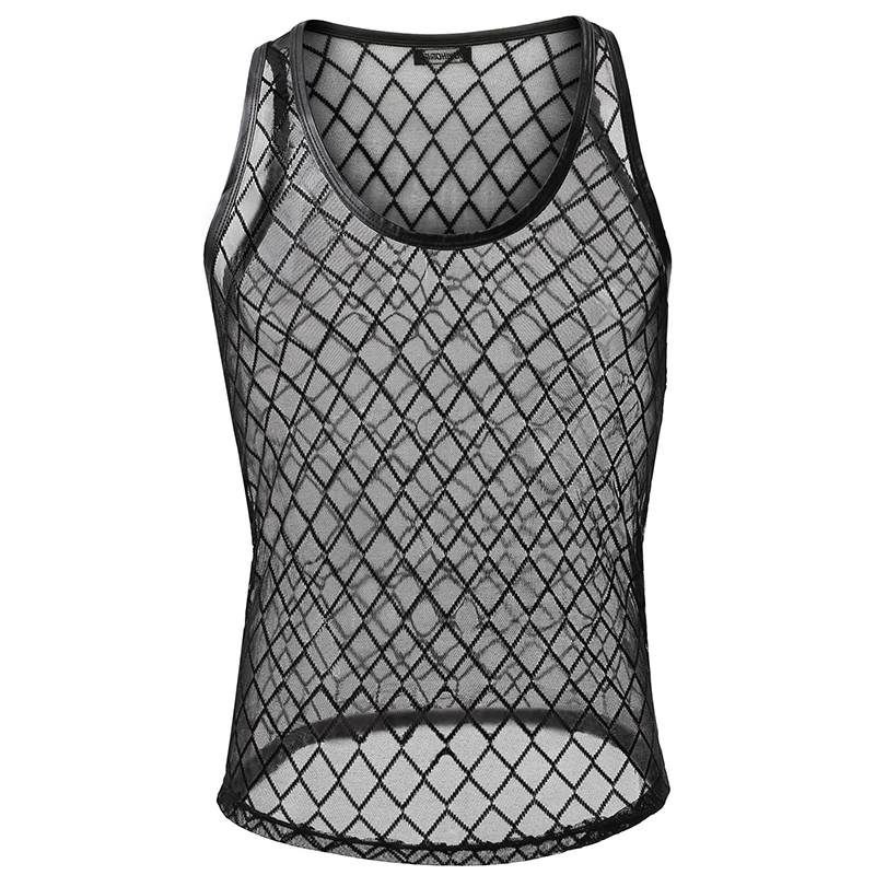 Men's Sleeveless Undershirt See Through Diamond Mesh Vest Summer Breathable V-neck Singlet  Sheer Fishnet Gay Slimming Shirts