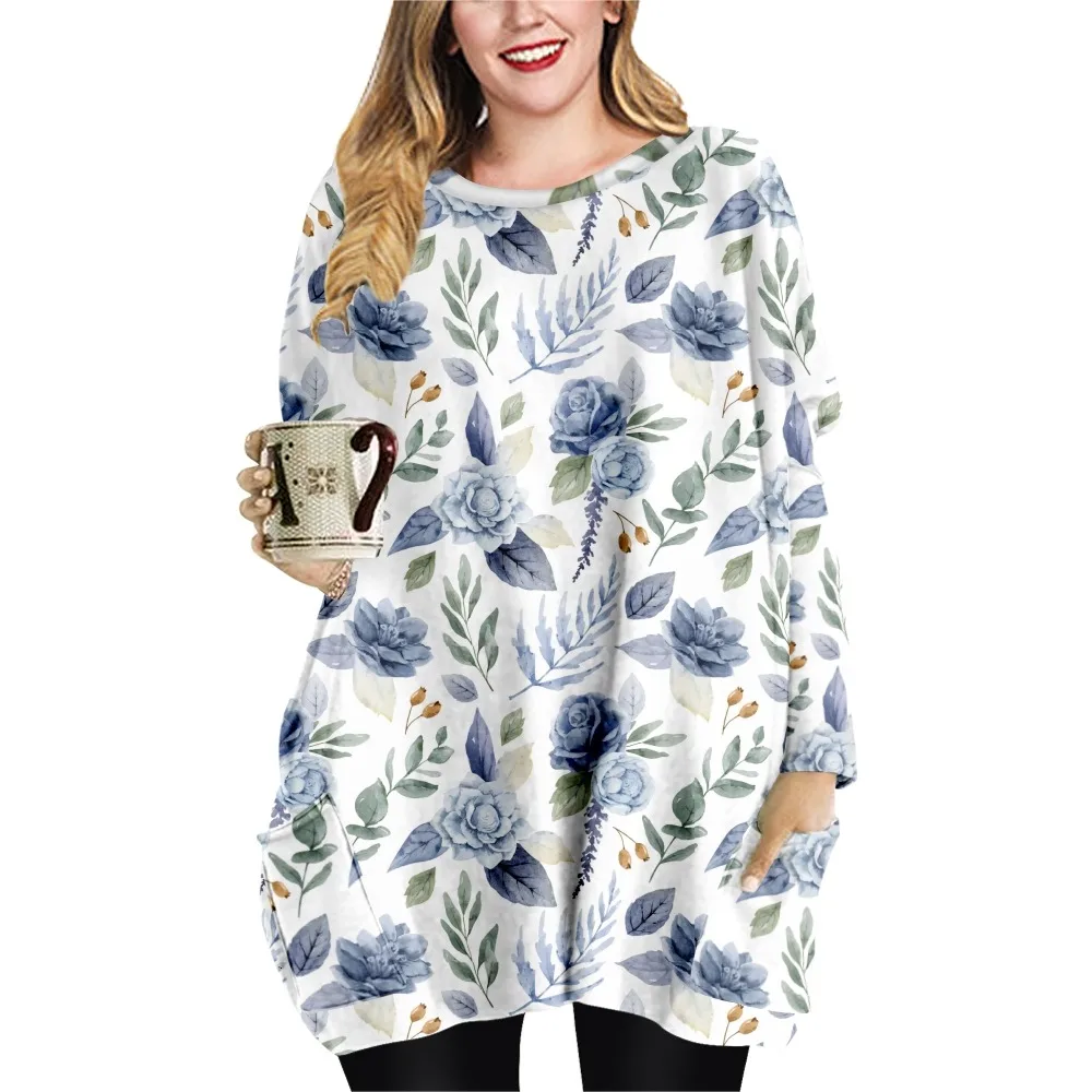 

Женское свободное платье-футболка с принтом роз, повседневное стильное платье с двойным карманом и круглым вырезом, платье с длинным рукаво...