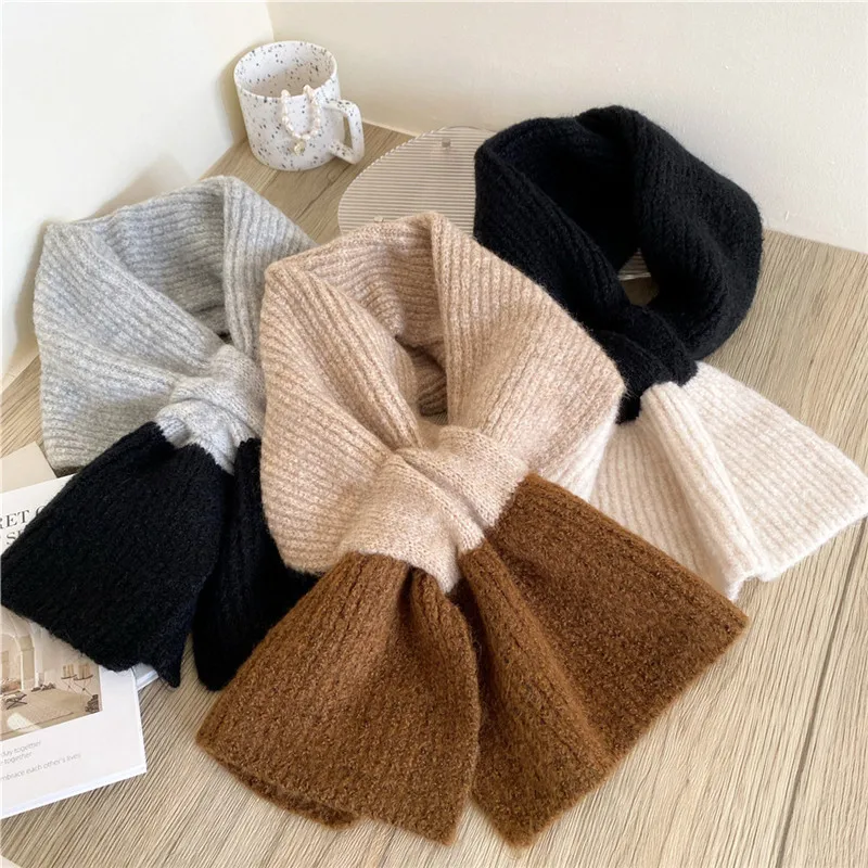 

Winter Knitted Scarf for Women Two-tone Cross Woolen Yarn Shawl Wrap Elastic Warm Neckerchief Solid Muffler Foulard Hijab Snood