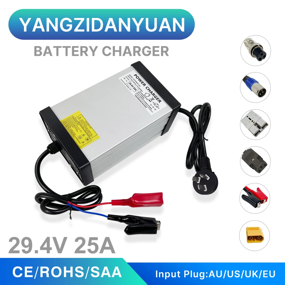 

29.4V 25A 7S Lithium Li-ion Battery Charger Fast Charging With Output Plug for 24V Pack Electric Scooter Bike With Cooling Fans