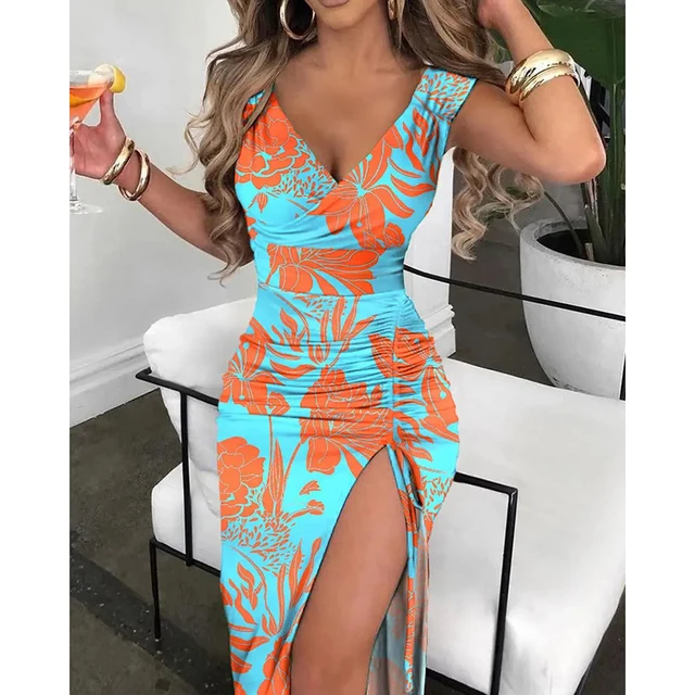 2022 Women Summer V-Neck Vintage Print 
