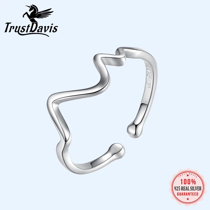 

TrustDavis Real 925 Sterling Silver Ring Fashion Waves Heartbeat Opening Ring For Women Valentine's Day Party Jewelry Gift DS170