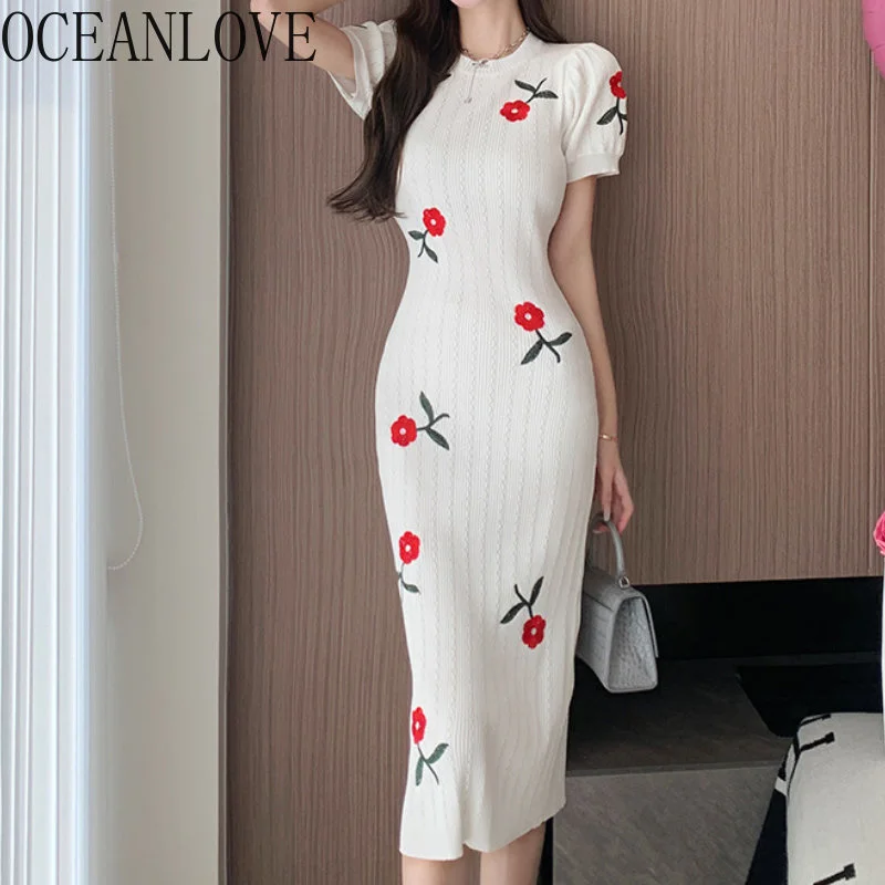 

Женское трикотажное платье с цветочной вышивкой, длинное винтажное платье в Корейском стиле, весна-лето