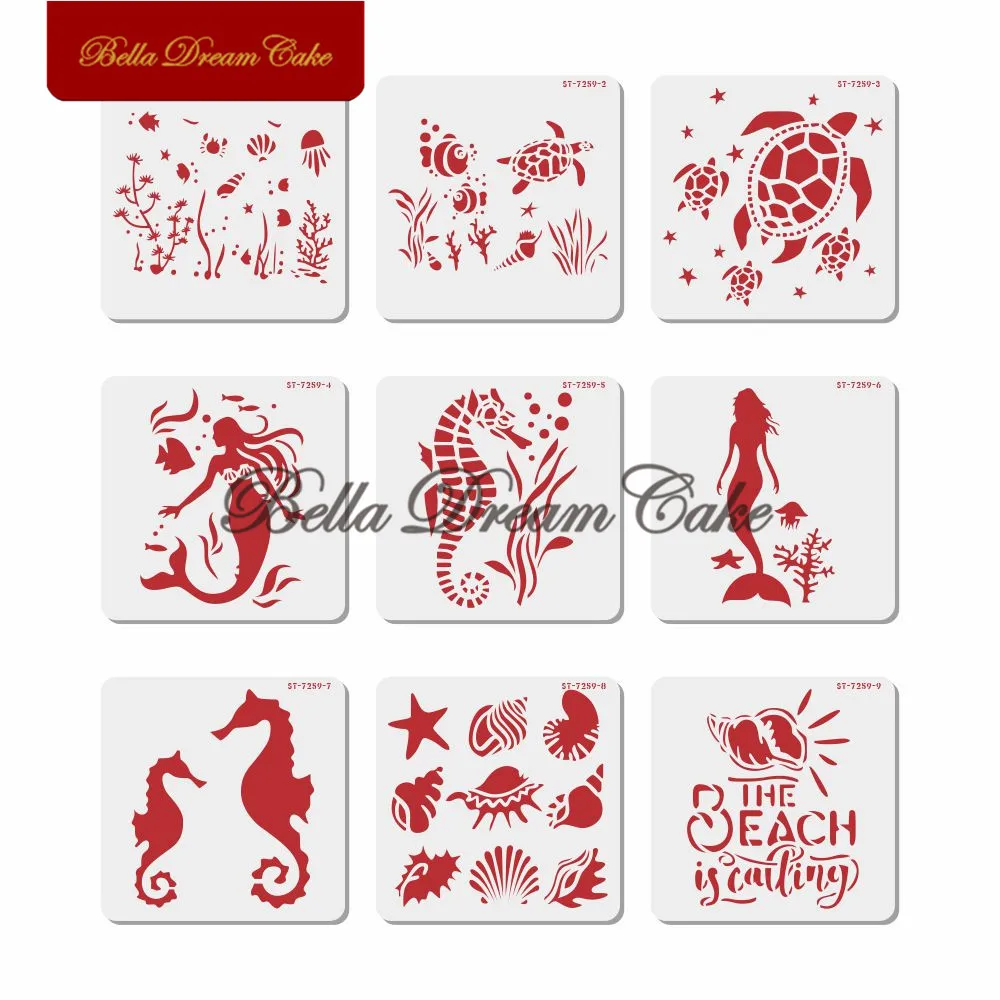 9 шт. трафарет с рисунком морской черепахи и русалки для торта шаблон домашних