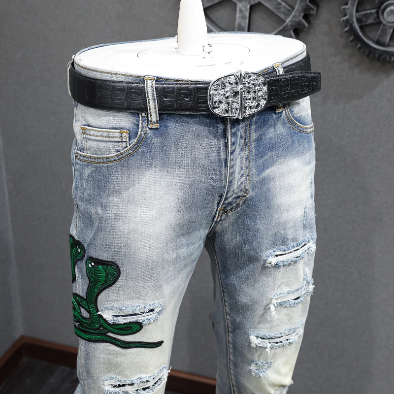 Street Fashion Men Jeans Retro Blue Cobra Pattern Designer Elastic Skinny Ripped Jeans Men Leather Patched Hip Hop Brand Pants