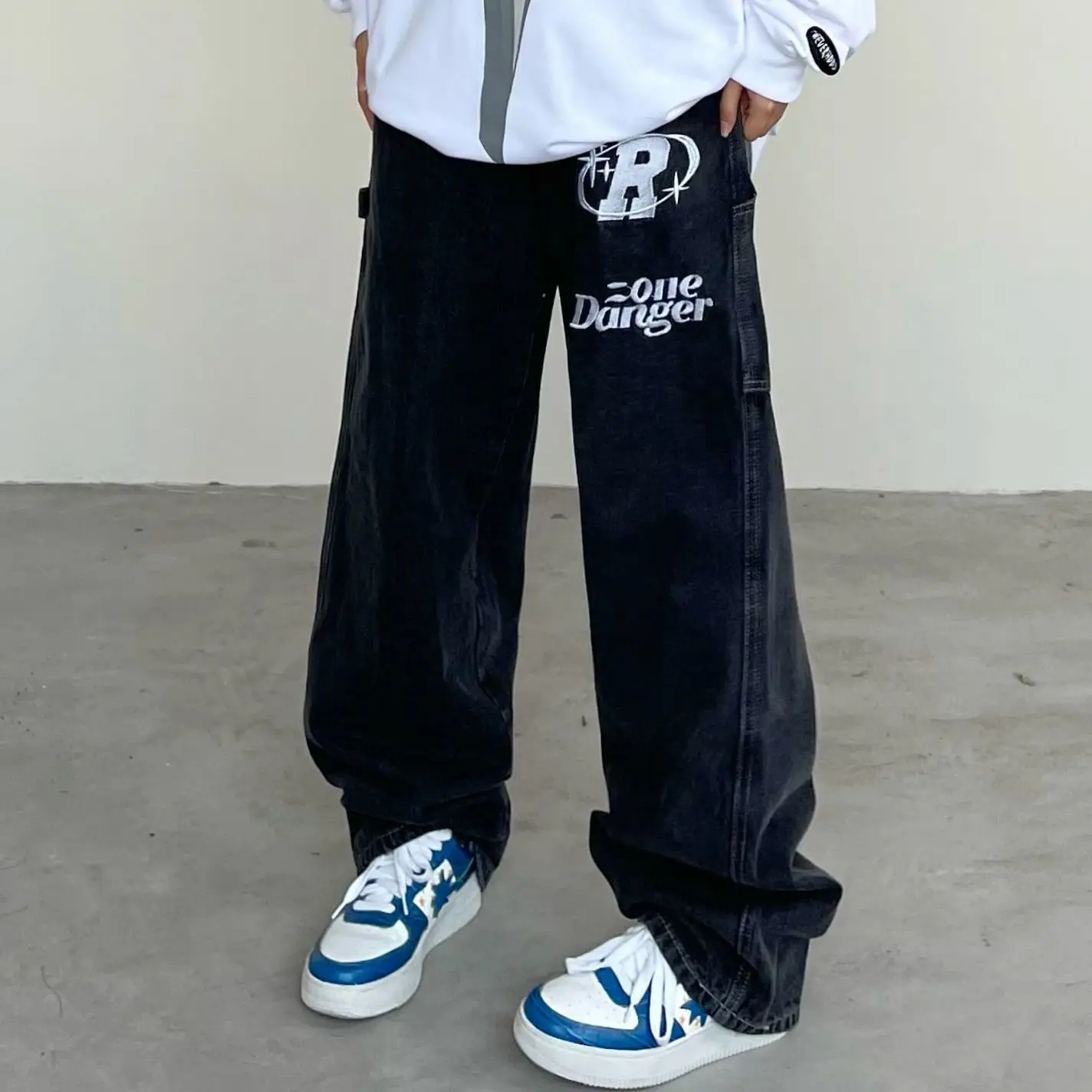 Retro Letter Print Straight Loose Jeans For Men Wide Leg Pants Oversize Y2k Streetwear Casual Trousers Jean Baggy High Street