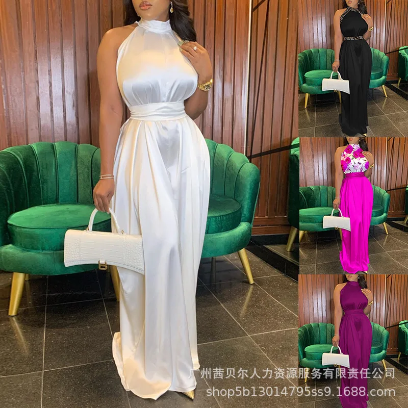 

Summer 2023 White Satin Halter Neck Romper Women Sleeveless Waist Wide-leg Jumpsuit Overall