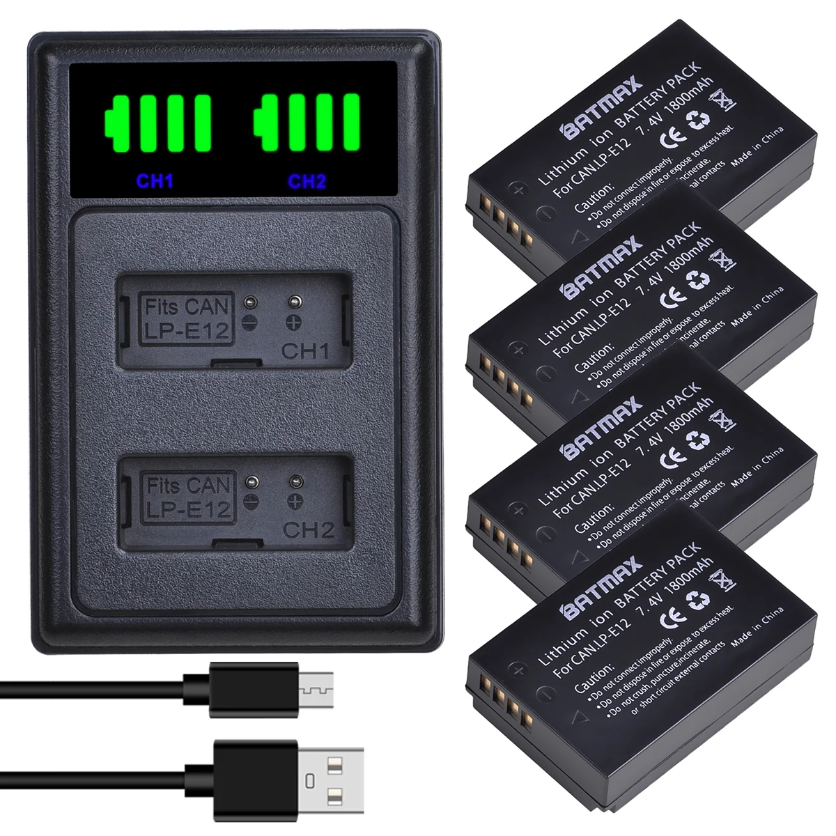 Аккумуляторная батарея Batmax 1800 мАч LP-E12 LPE12 + двойное зарядное устройство USB со