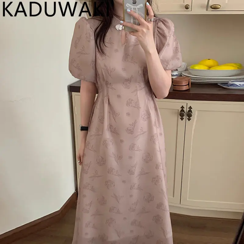 New Chinese Style Stand Collar Long Dress Women Elegant A-Line Dresses Slim Waist Puff Sleeve Party Vestidos Chic Casual Robe