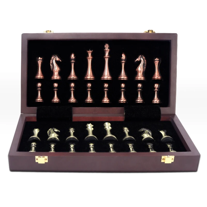 Luxury Metal Chess Set Retro Bronze Zinc Alloy Chess Pieces Foldable Checkerboard Travel Portable Family Table Games Home Decor