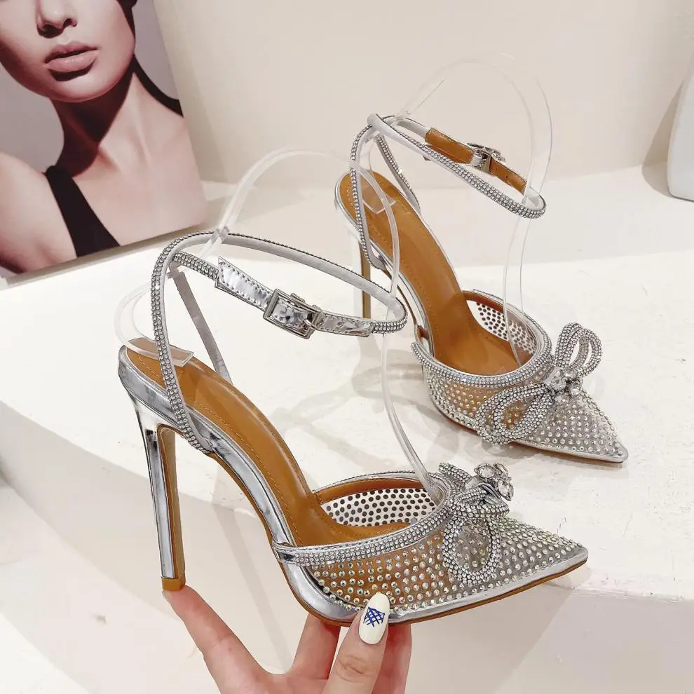 New PVC Transparent Women Pumps Sexy Butterfly-knot CRYSTAL High Heels Pointed Toe Wedding Prom Sandals Spring Shoes