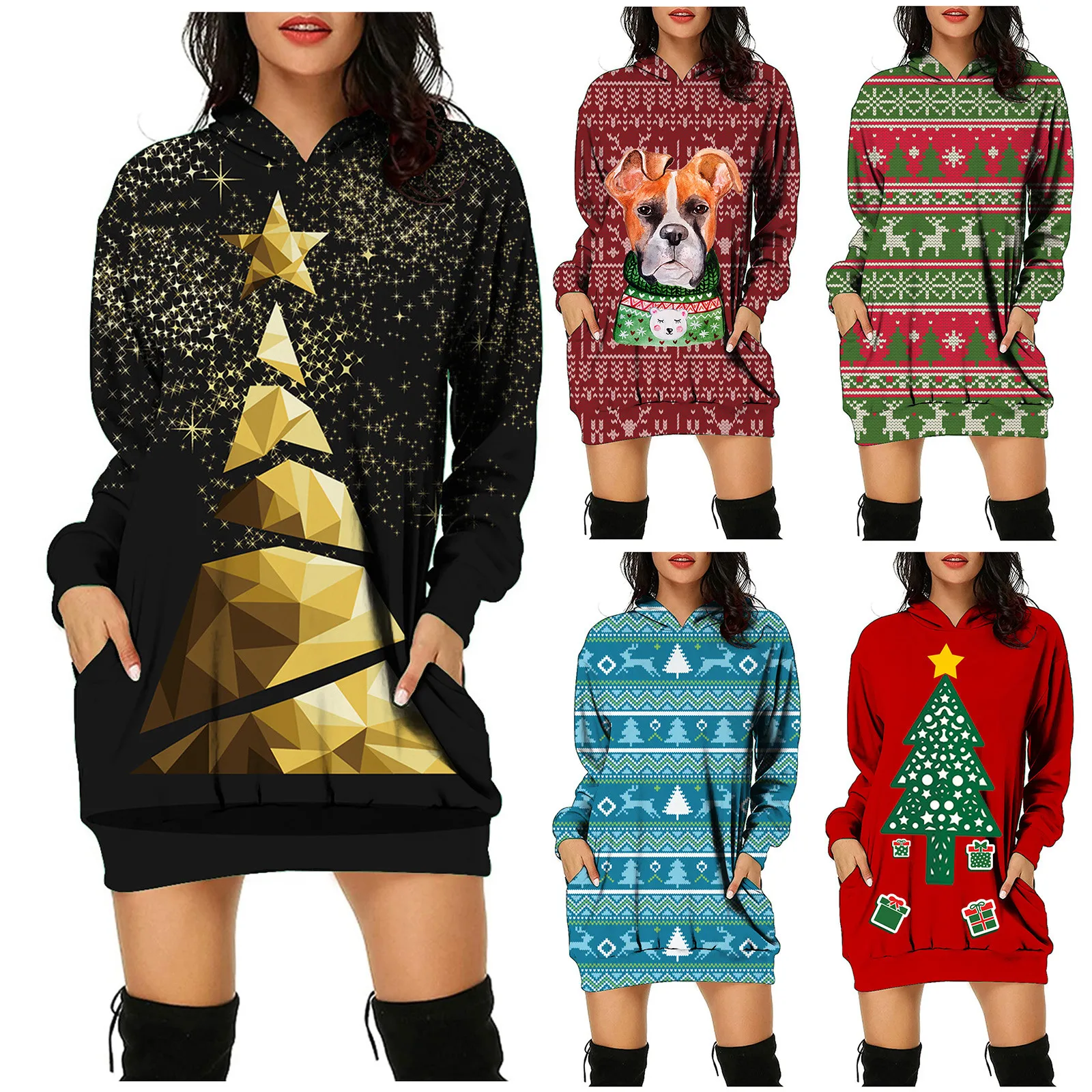 

Christmas Hooded Dress Xmas Tree Printed Casual Hoodie Dress Women Long Sleeve Pullovers Dress Autumn Xmas Party Dress Hot Sale
