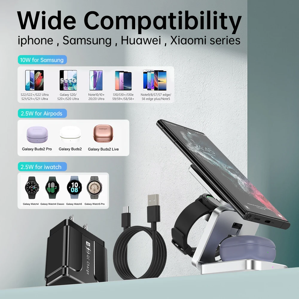 Foldable 3 in 1 Wireless Charger Stand for Samsung Galaxy S23 Magnetic Fast Charging Dock Station for Watch5 Holder Buds2 Pro