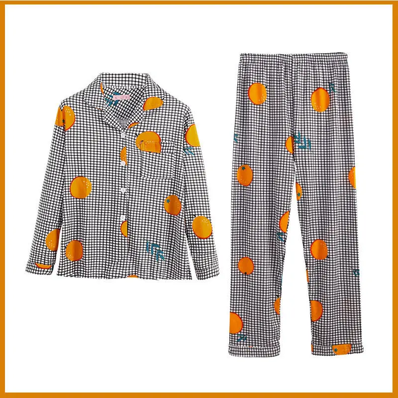 Ladies Autumn Pijamas Women Printed Plaid Pajamas Set Lapel Long-sleeved Trousers 2-piece Home Service Casual Pajamas Sleepwear