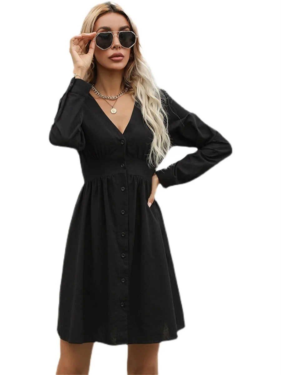 

Женское платье-трапеция до середины икры, однотонное платье с V-образным вырезом и длинным рукавом, модель SS4157 на весну и осень