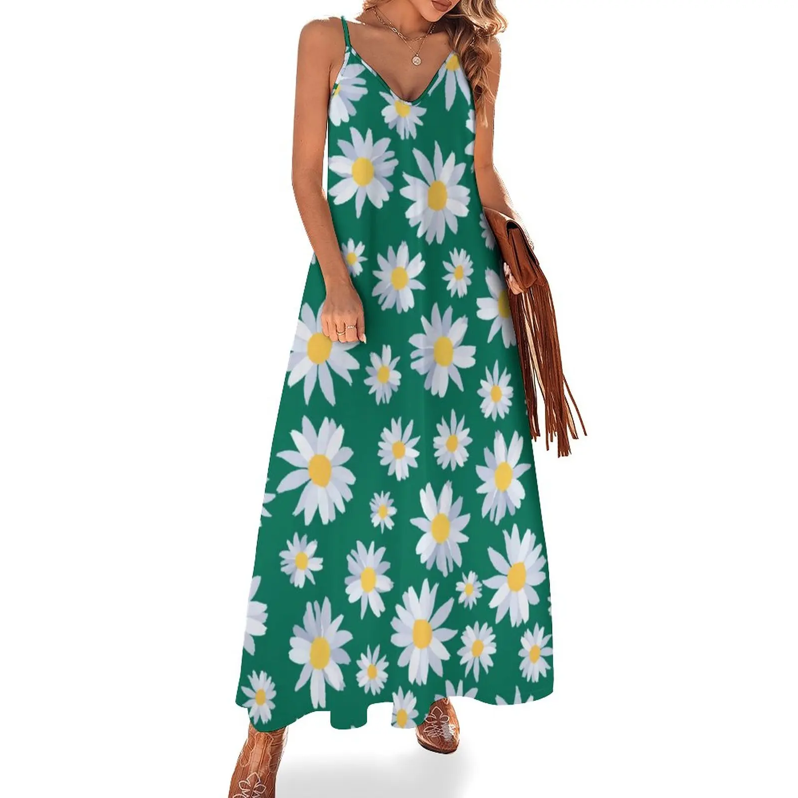 

Flower Botanical Dress Classy White Daisy Vintage Maxi Dress Aesthetic Bohemia Long Dresses Female Straps Print Large Size 4XL