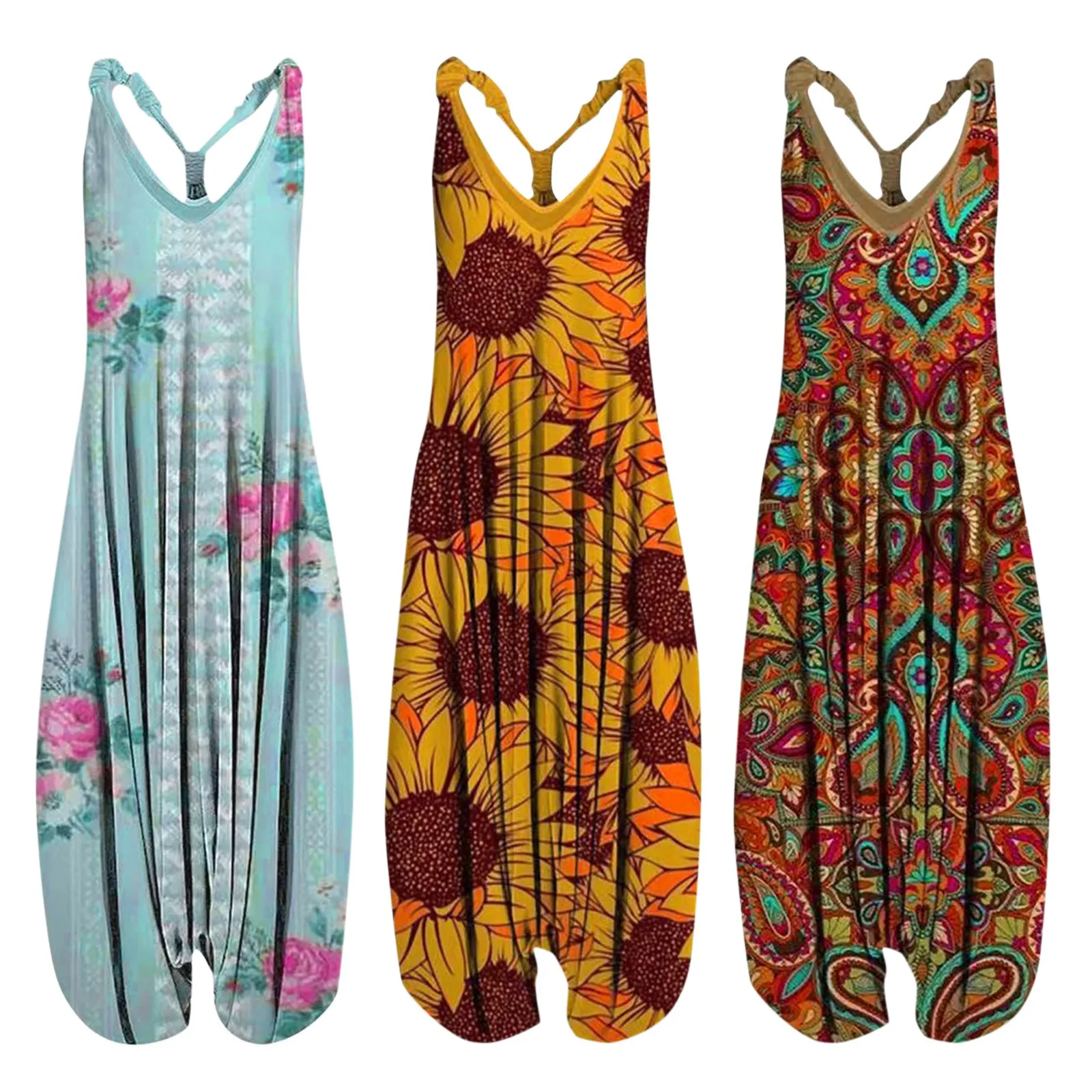 

Womens Overalls Girls Interview Suit Womens Vintage Cashew Flowers Prints Straps V Neck Rompers Playsuit Long Button down Solid