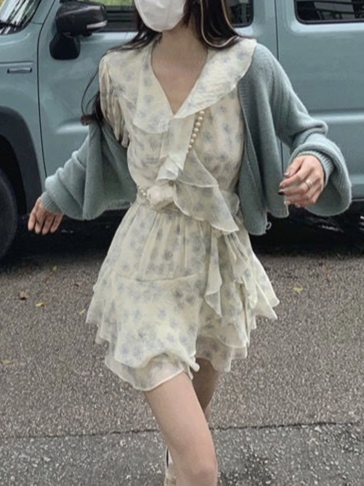 

Long Sleeve Sweet Mini Dress Woman Chiffon Beach Short Party Dress Casual 2022 Spring Elegant Korean Fashion Floral Dress Design
