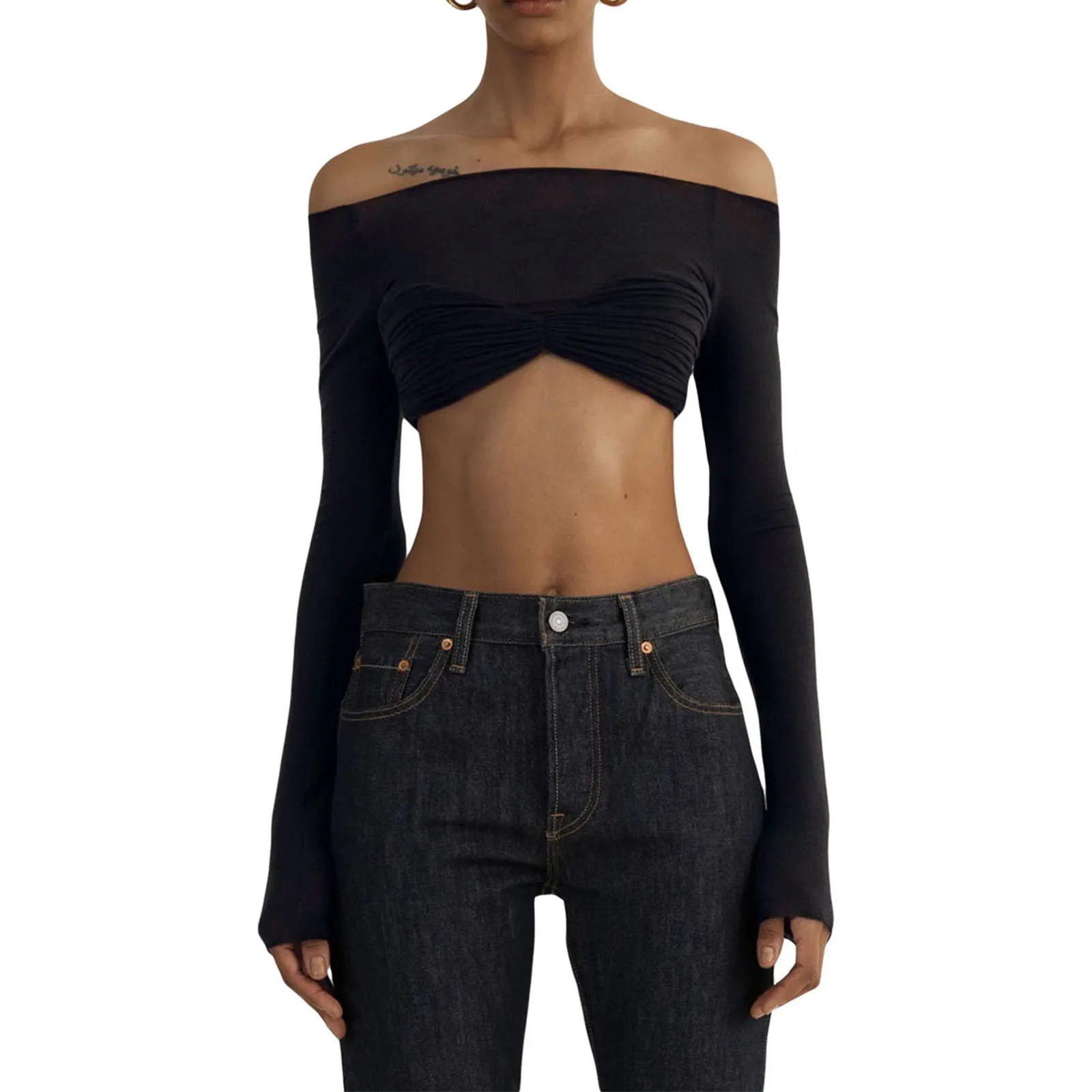 

Women's Off Shoulder Crop Tops Long Sleeve Ruched Bust Solid Color Slim Fit T-Shirts Sexy Streetwear for Daily Wear Going Out