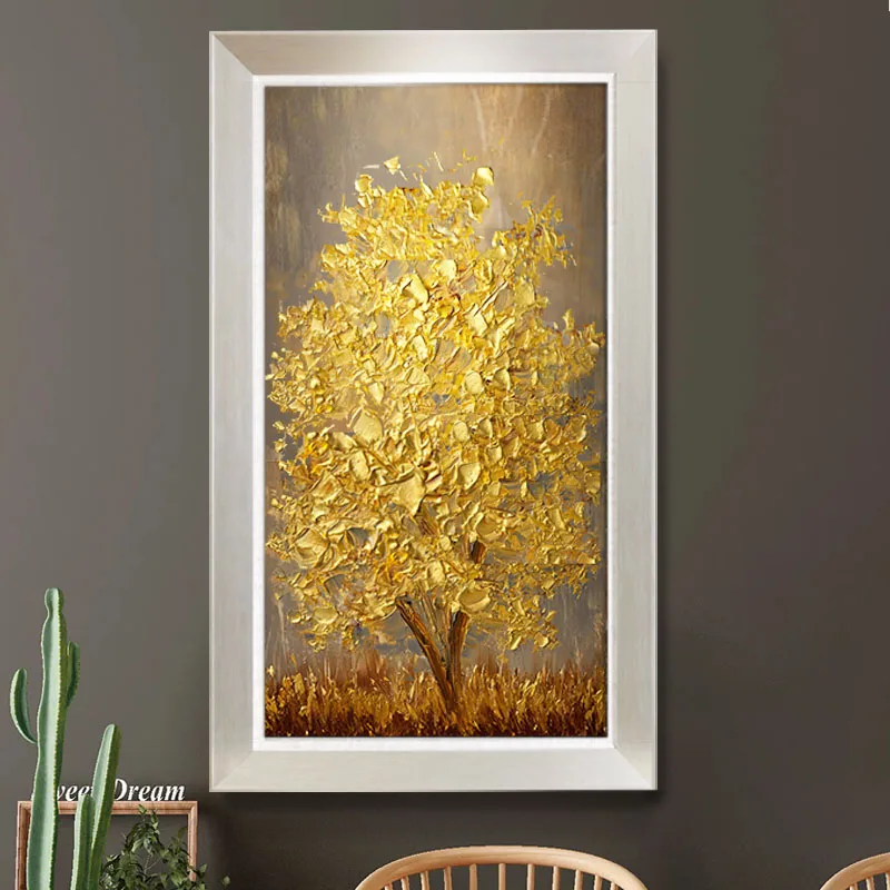 

100% Handmade Golden Tree Painting Abstract Tree Wall Art Knife Thick Textrued Oil Painting for Home Wall Decor Bedroom Hotel