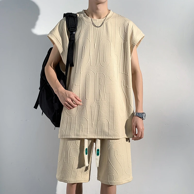 Summer Streetwear Letter Texture Casual Set Korean Trendy Tide Oversized Sleeveless Top Shorts Solid Color Two Piece Set Unisex