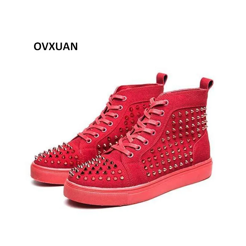

OVXUAN Men Shoes Rivet Studded Splicing Leather Fashion High Top Rubber Soft Sole Flat Heel Ankle Short Boots Hip Hop Sneakers