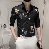 2022 summer half sleeve shirts for men floral print social party tuxedo blouse man clothing fashion streetwear slim casual shirt