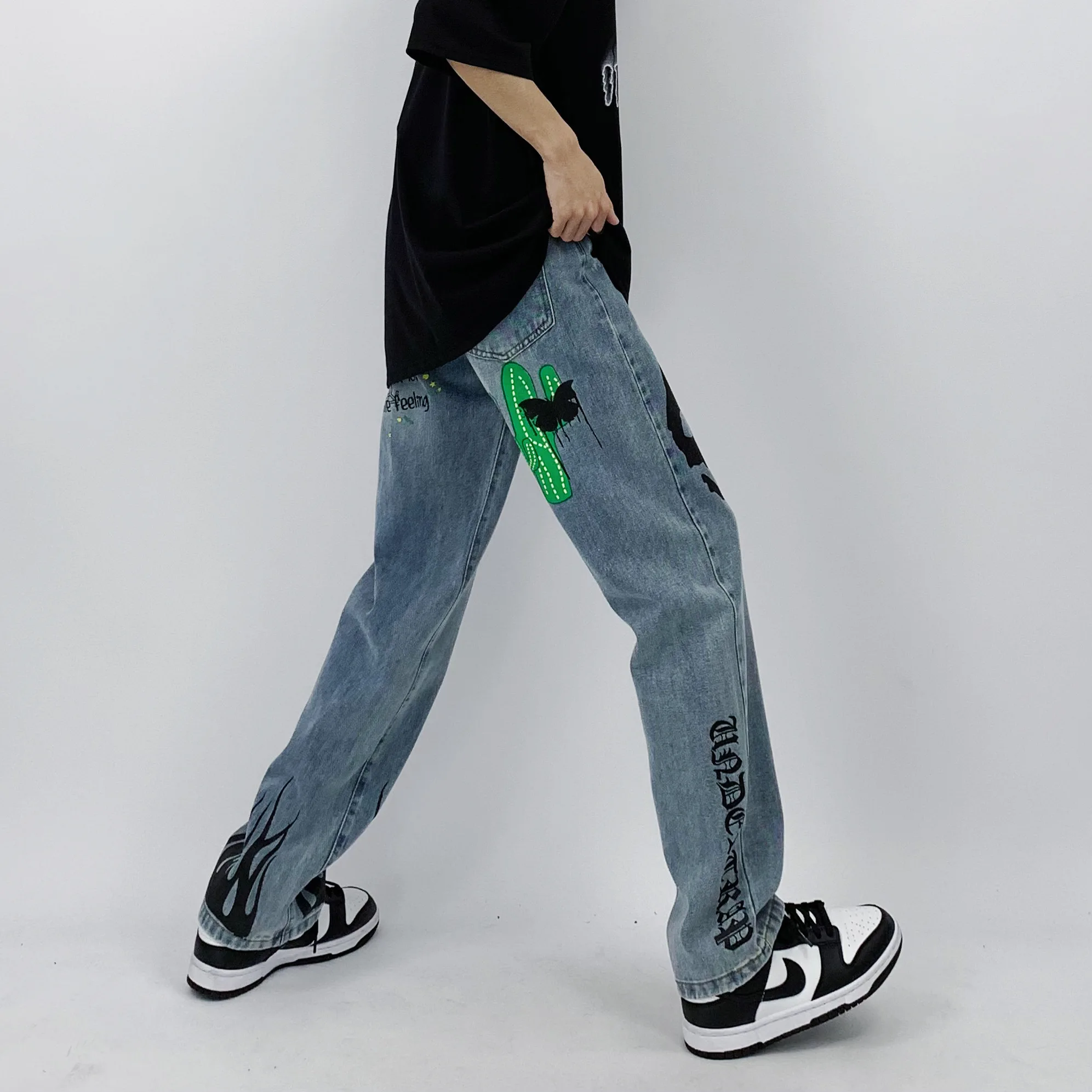 Men Jeans High Street Cactus Print Loose Jeans Unisex Korean Fashion Jeans Hip Hop Men Clothing Y2k Pants Men Printed Jeans Men