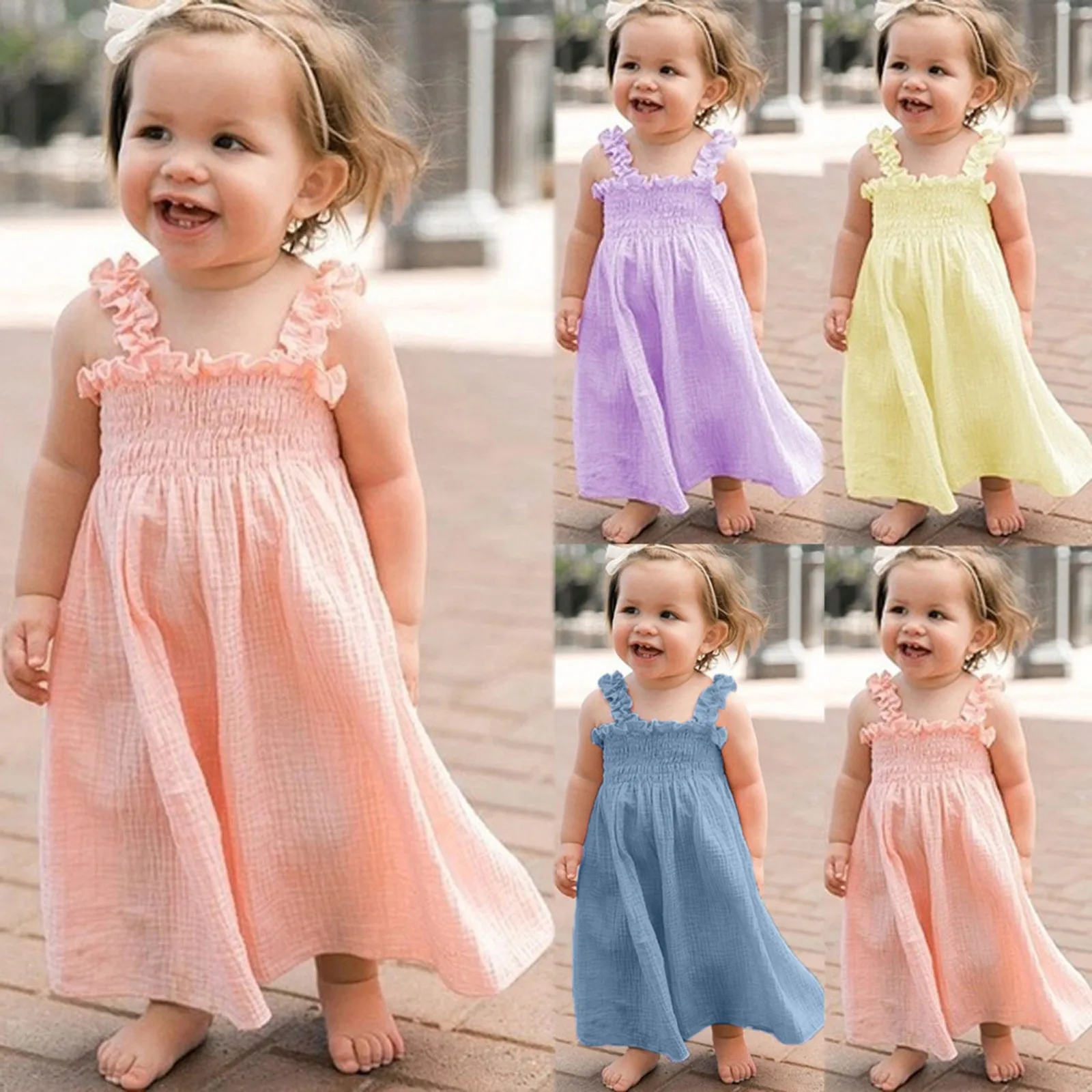 

Toddler Kids Girls Solid Cotton Linen Sleeveless Beach Straps Dress Ruffles Princess Dresses Clothes Girls Cat Dress