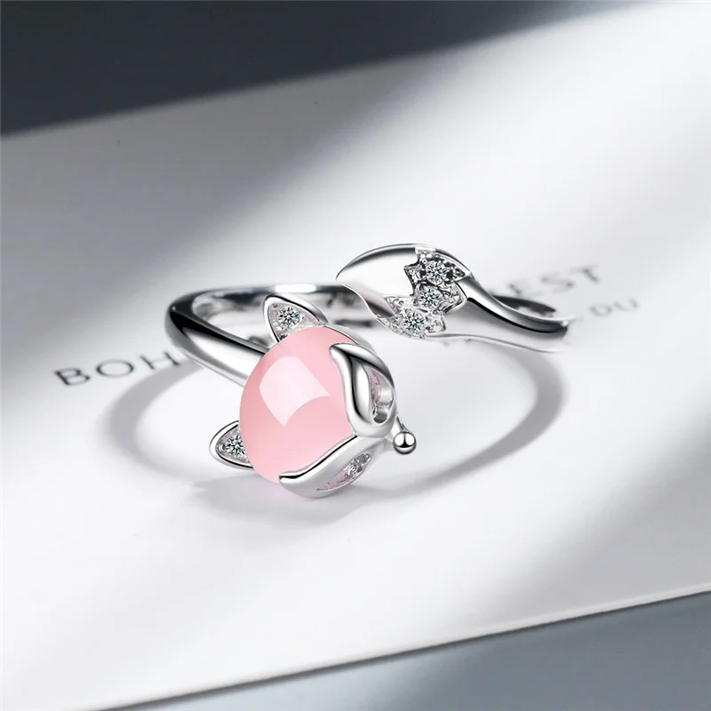 

Stamp silver new woman fashion agate fox ring size adjustable ring jewelry high quality crystal zircon