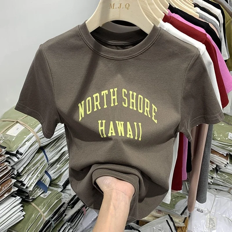 Streetwear Vintage North Shore HAWAII Letter Print T Shirts Crop Tops Sexy Girls Korean Brand Summer Large 2XL Coffee Red Basic