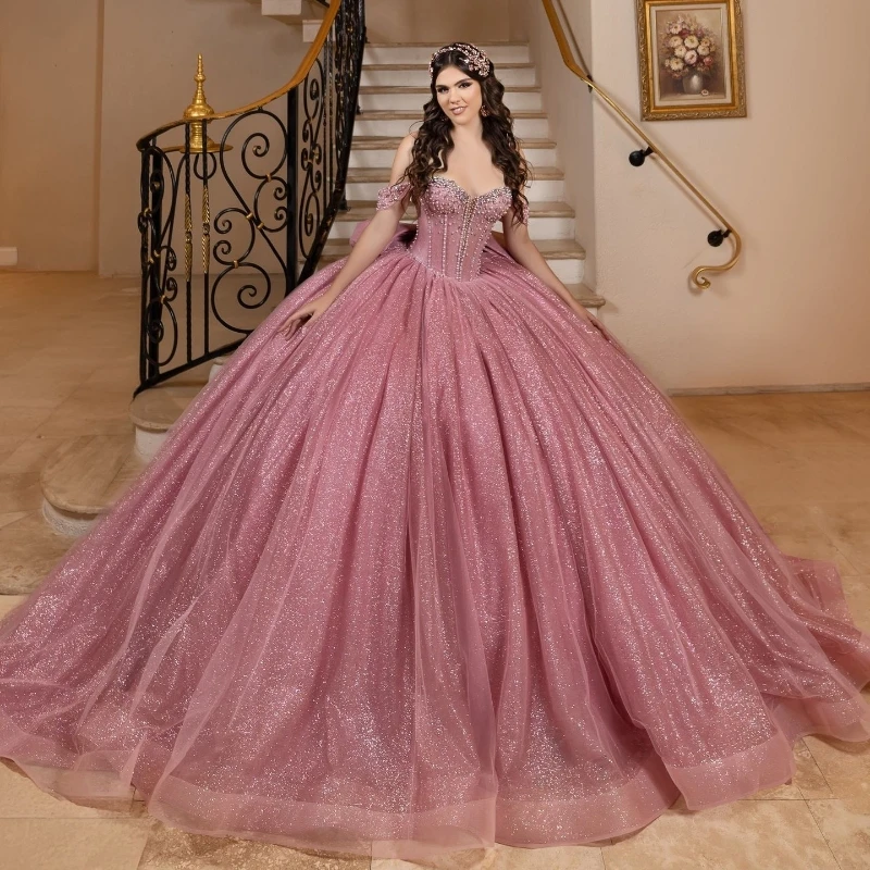 Розовые сверкающие платья Quinceanera бальное платье с блестками и бисером тюлевое