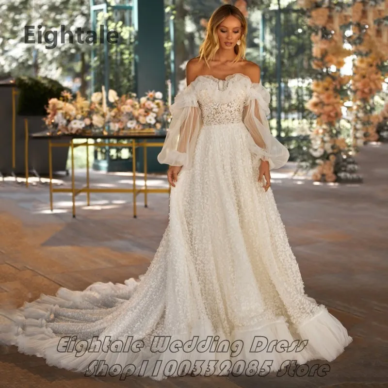 

Платье женское свадебное ТРАПЕЦИЕВИДНОЕ из тюля со шлейфом и открытыми плечами