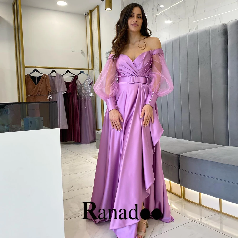 

V Neck Pleats Formal Party Dresses For Women Full Lantern Sleeve Withourt Belt Slit Stain Court Train Abendkleider Customised