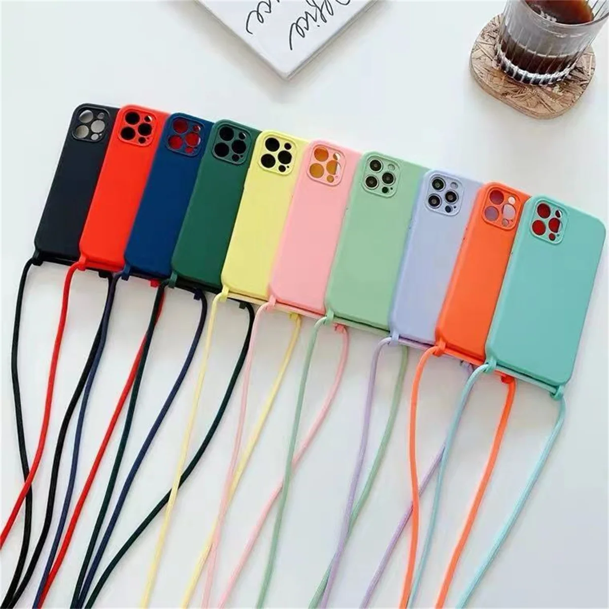 

Crossbody Necklace Strap Lanyard Cord Liquid Silicone Phone Case For iphone 13 12 MiNi 11 Pro X XR XS Max 6s 7 8 Plus SE 2 Cover