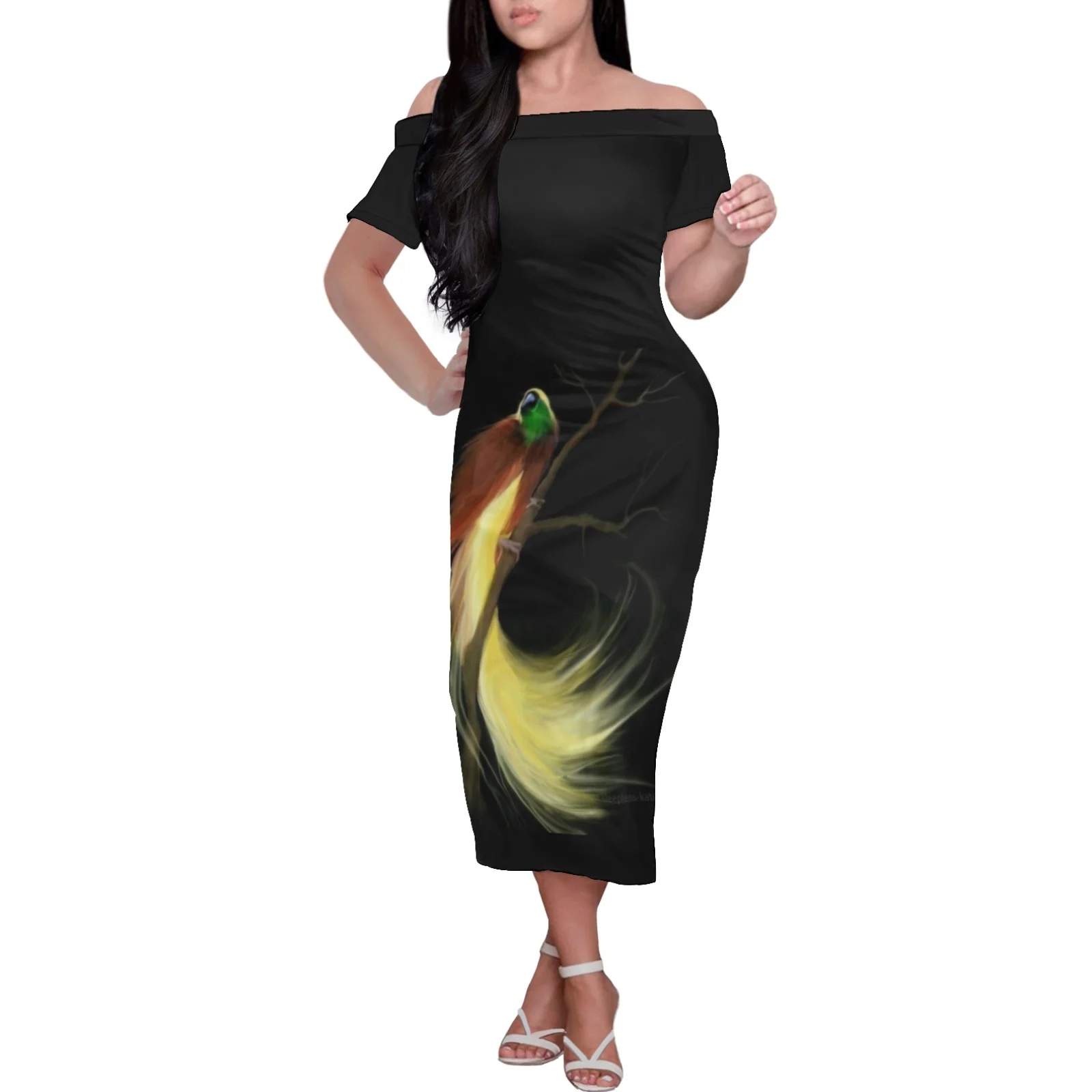 

Short Sleeve Off-The-Shoulder Dress Custom Polynesian Tribal Print Casual Tight Cheap Summer Women's Comfortable Home Wear