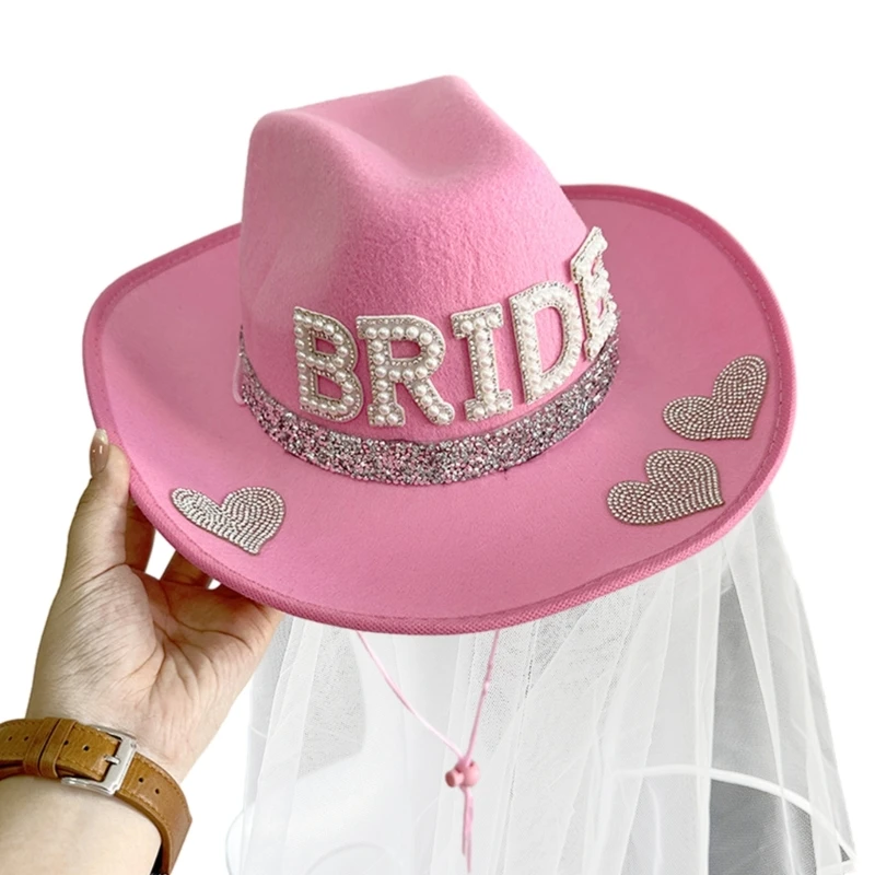 

Cowboy Hat with Veil Wide Brim Cowgirl Hat Bridal Shower Party Props Bachelorette Party Glittering Sequin Hat for Bride