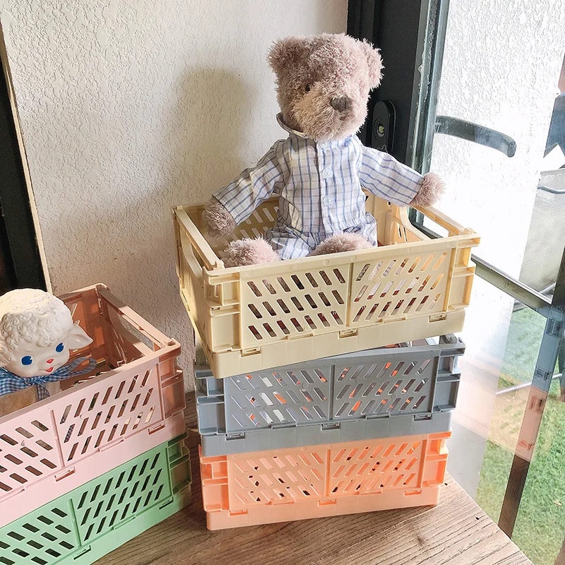 Ins Desktop Plastic Storage Baskets Organizer Box Folding Stackable Toy Storage Basket with Handle Bathroom Storage Box Basket