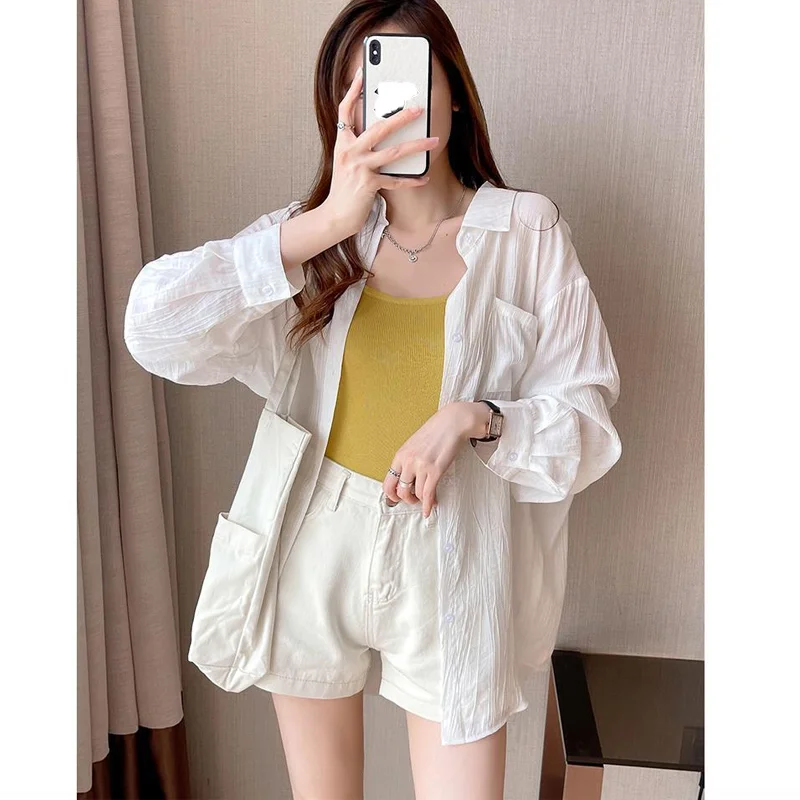 

Ice Silk Women's Long Sleeved Shirt White Sunscreen Blouse 2023 Summer Versatile Cardigan Thin Coat Simplicity Fashion Clothing