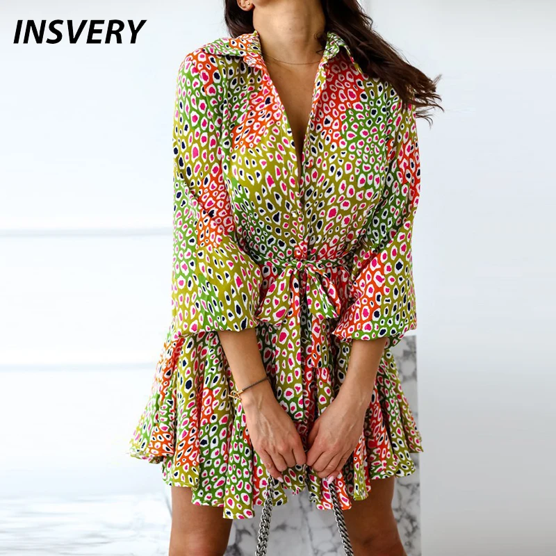 

Summer Dress Women 2022 Fashion Long Sleeve Turn Down Collar Print Beach Dress Casual Elegant Lace Up Mini Dresses Robe 2022