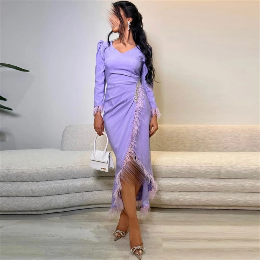 

Fashion V-Neck Lalic Feather Mermaid Satin Formal Occasion Prom Dresses Ankle-Length Women Evening Party Dress فساتين السهرة