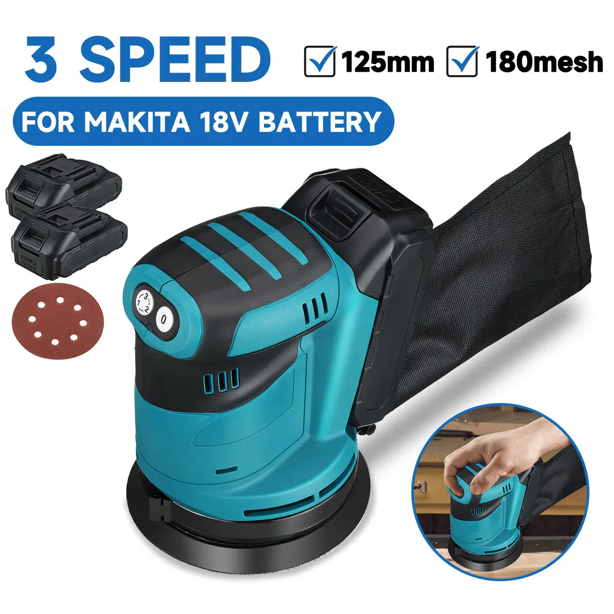 

3 Speeds Variable 125mm Electric Sander Cordless Wood Grinder Polishing Grinding Machine with Sandpaper for Makita 18V Battery