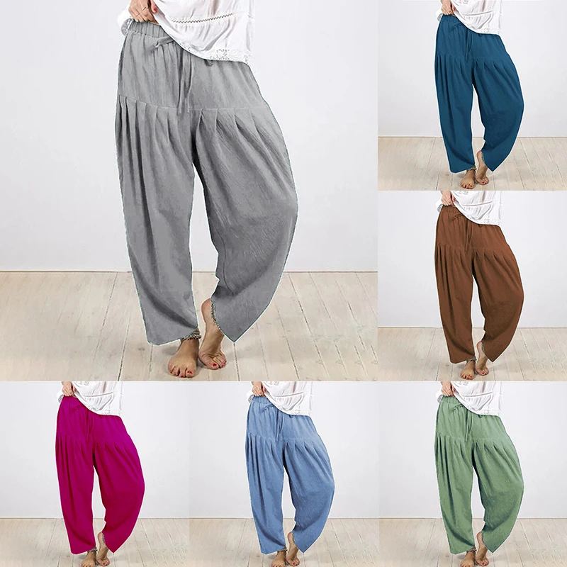 Summer 2023 New Casual Fashion Solid Color Linen Loose Pocket Wide Leg Radish Trousers Women'S Trousers Beach Pants Women
