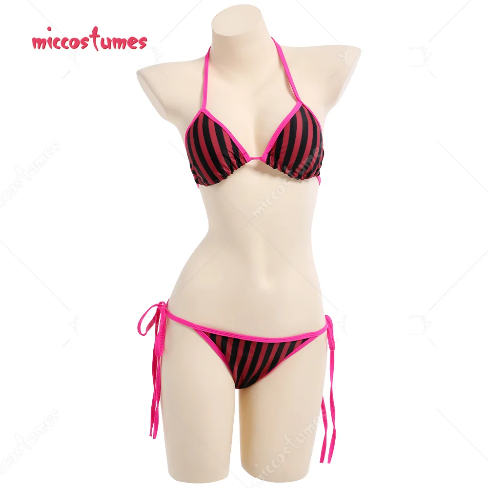 

Women Two Piece Black Red Striped Swimsuit Lace Up Bikini Set Bathing Suit for Beach Pool
